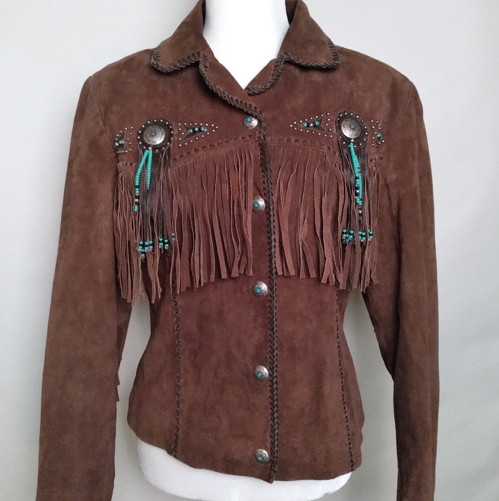 Scully brown leather fringe jacket